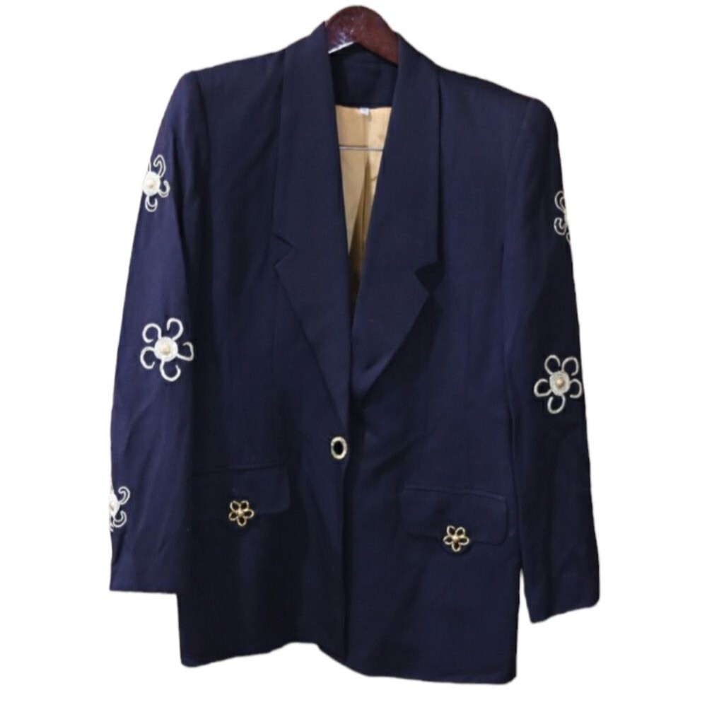 Vintage 80s Black Blazer Gold Floral Embroidery Pearl Accents Statement Jacket M